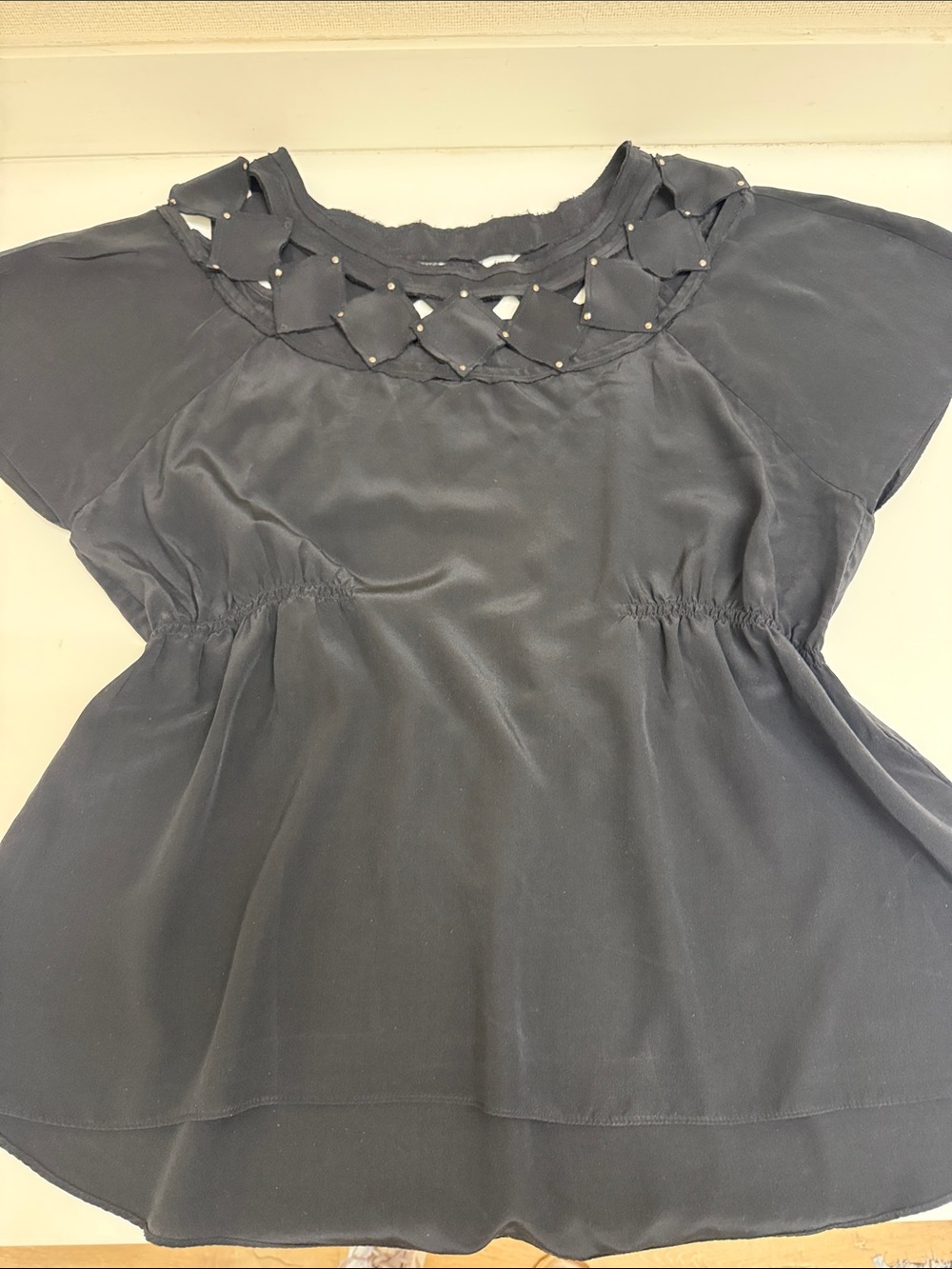 BCBG 100% Silk Black Top with Decorative Neckline